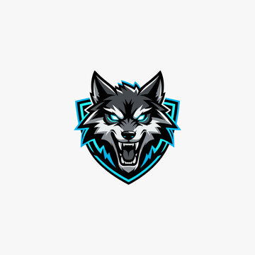 Fierce wolf head mascot vector graphic with blue shield badge