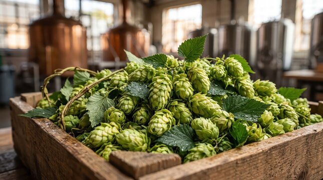 Fresh hops piled in a wooden crate inside a brewery. Harvested hop cones ready for brewing beer. Craft brewing and beer production. Brewing ingredients and agriculture