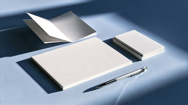 Blank Stationery Mockup with Brochure, Card Stack, and Pen in Sunlight