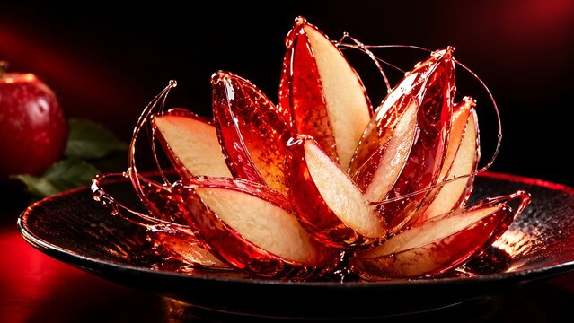 Glossy red caramelized candy apple slices with spun sugar threads on a black plate, dramatic dark background