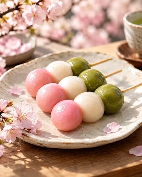 Pink, white and green hanami dango skewers on a ceramic plate surrounded by cherry blossoms