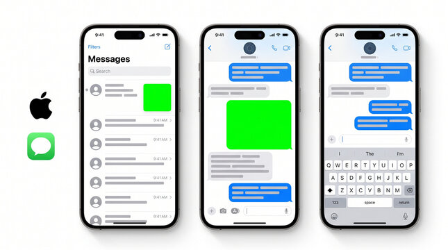 Apple iMessage interface mockup on iPhone screen showing message list and chat conversation bubbles with green placeholder area for marketing content in high resolution professional mobile UI layout