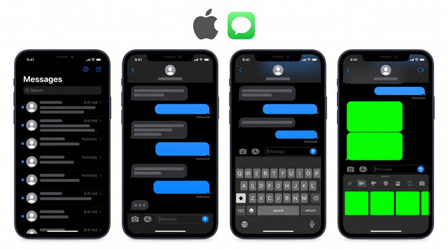 iMessage mobile app interface mockup on iPhone screen featuring chat conversation feed and message bubble bubbles in dark mode layout for technology software development and user experience design