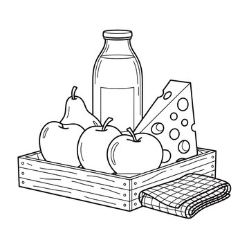 Black and white vector illustration of a wooden crate filled with fresh food items