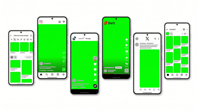 Instagram, TikTok, YouTube Shorts, and X social media feed screen mockups on modern smartphone templates with green screen chroma key placeholders for vertical video content and mobile app UI design