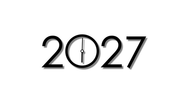 2027 time animated future calendar symbol with black numbers and turning clock hands in smooth loop motion on 4k white screen background.