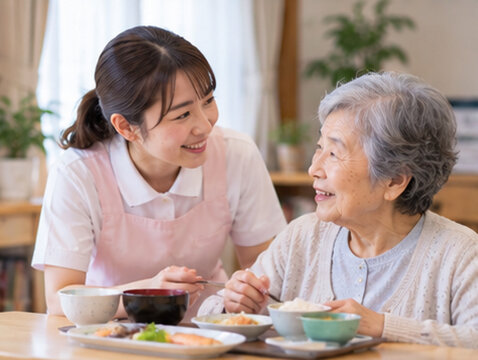 介護士,介護職員,介護福祉士,介護スタッフ,介護施設,老人ホーム,特別養護老人ホーム,デイサービス,訪問介護,高齢者介護,介護サービス,身体介護,生活援助,食事介助,入浴介助,排泄介助,移乗介助,車椅子,見守り,高齢者,介護現場,介護人材,介護職求人,日本人介護士,写真素材