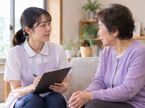 介護士,介護職員,介護福祉士,介護スタッフ,介護施設,老人ホーム,特別養護老人ホーム,デイサービス,訪問介護,高齢者介護,介護サービス,身体介護,生活援助,食事介助,入浴介助,排泄介助,移乗介助,車椅子,見守り,高齢者,介護現場,介護人材,介護職求人,日本人介護士,写真素材