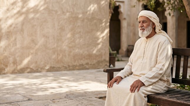 Thoughtful senior Arab man in traditional white thobe and turban sitting on wooden bench in sunlit courtyard with copy space