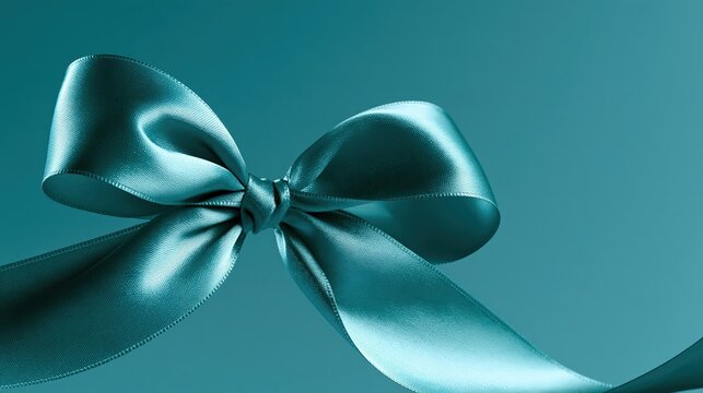 Layered teal ribbons waving into a neat bow as a holiday promotion concept, with plenty of empty space for text
