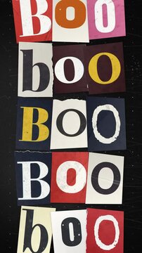 Boo repeated in mismatched ransom note letters on dark grunge paper. Spooky Halloween typography background in vertical torn paper collage