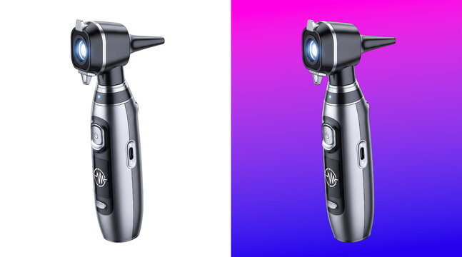 Medical otoscope device with black and silver handle, isolated on a clean white background