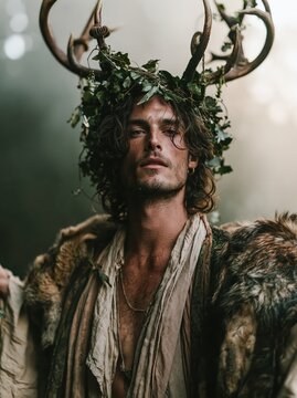 Portrait of a young man wearing a stag antler crown with ivy in a forest, in a realistic photographic style