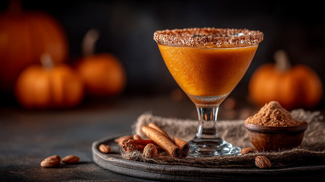 Autumnal cocktail in glass with sugar rim and spices on wooden board