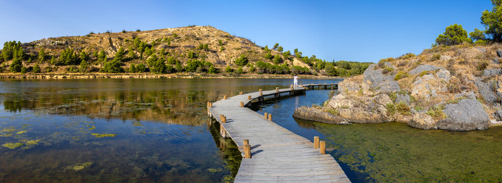 Boardwalk over the salines of Peyriac de Mer, Aude, France, on a sunny afternoon in summer