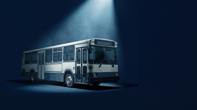 Vintage Bus Under Spotlight in Dark Setting