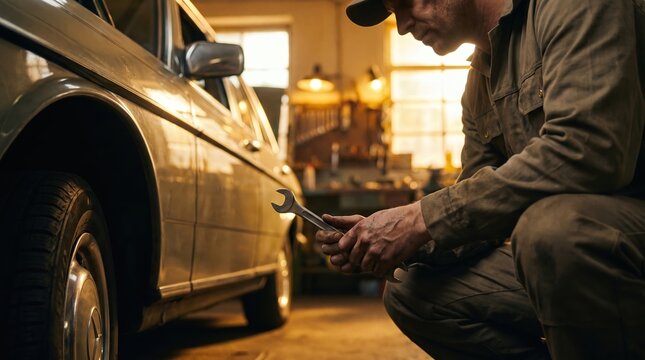 Skilled mechanic working on vintage car in garage