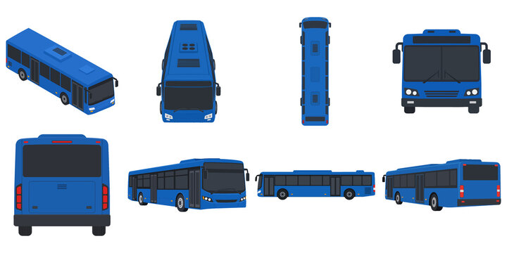 Blue city transit bus vector mockup icon set in multiple angles and perspectives