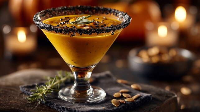 Pumpkin spiced cocktail in elegant glass with dark rim and candlelit background