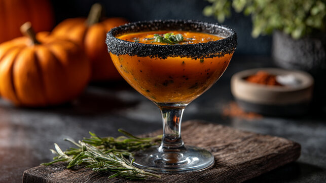 Festive pumpkin cocktail with black sugar rim on dark moody background
