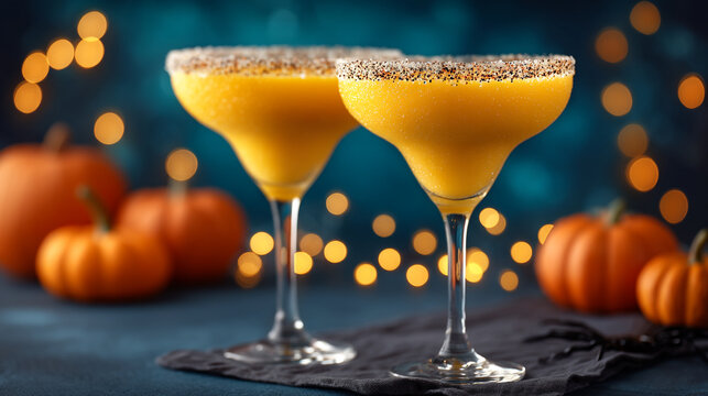 Pair of festive pumpkin cocktails with dark sugar rims and golden lights