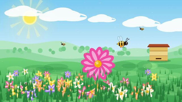 Honeybee nectar to honey animation, flower, hive honeycomb and honey jar filling, 4K explainer