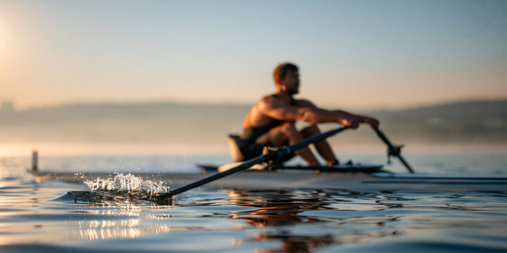Single sculler rowing across calm water in warm light