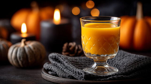 Orange cocktail in vintage glass beside burning candles and pumpkins with still life