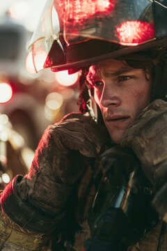 Heroic male firefighter wearing protective helmet and gloves backlit by glowing emergency truck red lights in intense night rescue operational portrait showing courage, dedication, and service