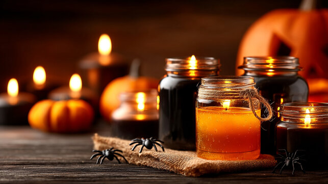 Halloween still life display with burning candles and carved pumpkins on wooden