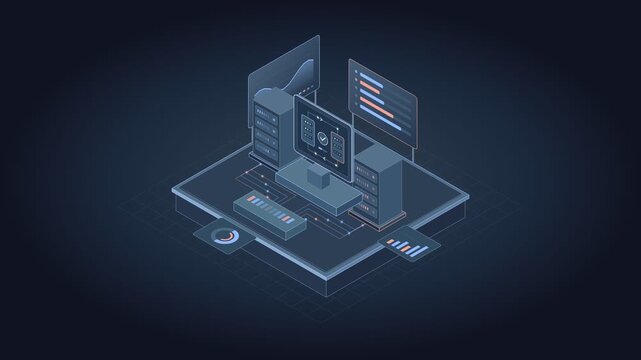 Isometric backup and disaster recovery center with server data replication and storage redundancy in a 4K loop.