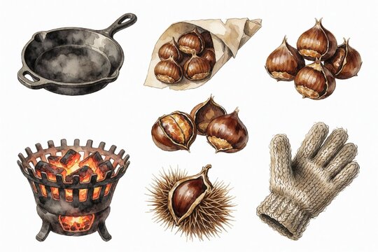 Watercolor set of roasted chestnuts, brazier and pan