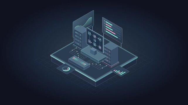 Isometric DevOps pipeline automation center illustrating continuous integration and deployment workflows in a 4K loop.