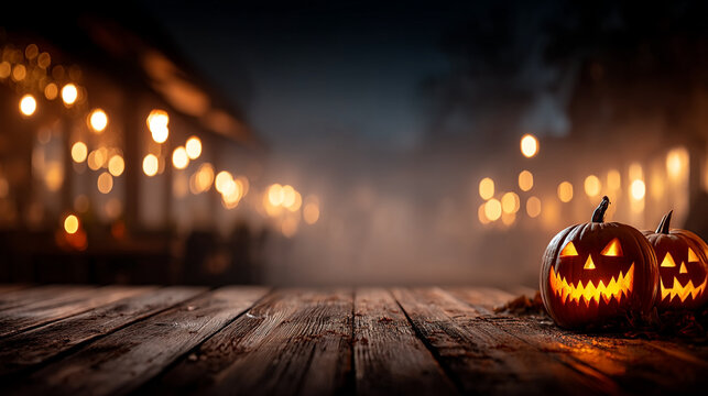 Glowing jack o lanterns on wooden surface at night with lantern