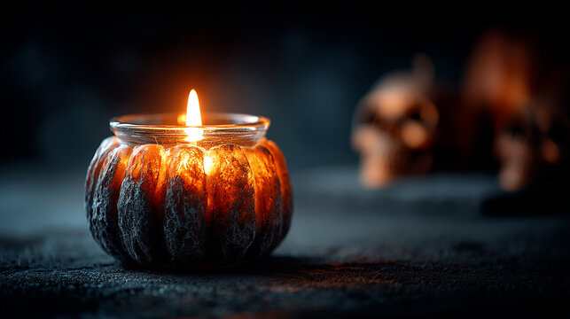 Burning candle in glass jar shaped like pumpkin with halloween seasonal mysterious