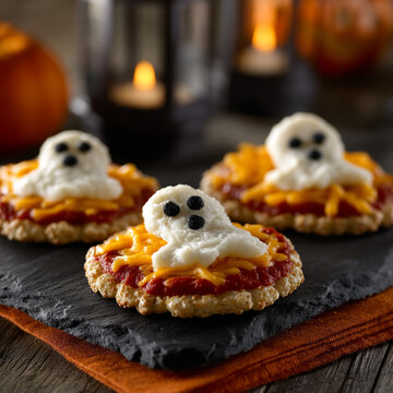 Mini pizzas decorated with cheese ghosts for party ghost pizza