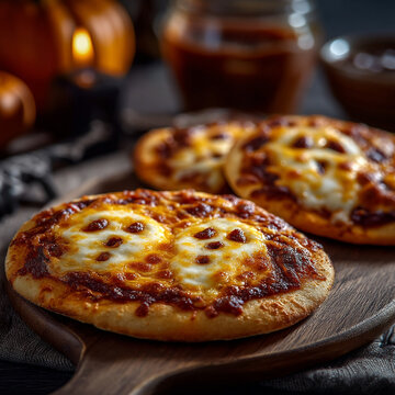 Freshly baked mini pizza flatbreads with cheese skull designs for halloween