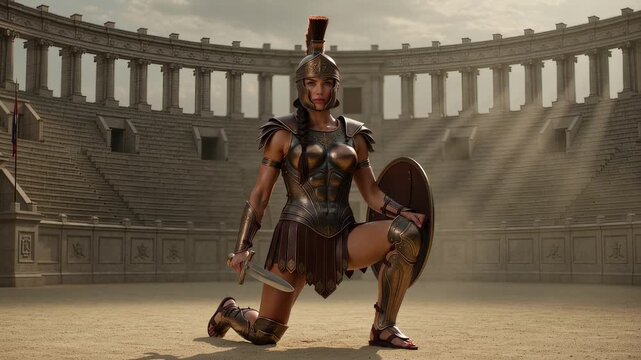 Armored woman warrior kneels with sword and shield in an ancient Roman arena