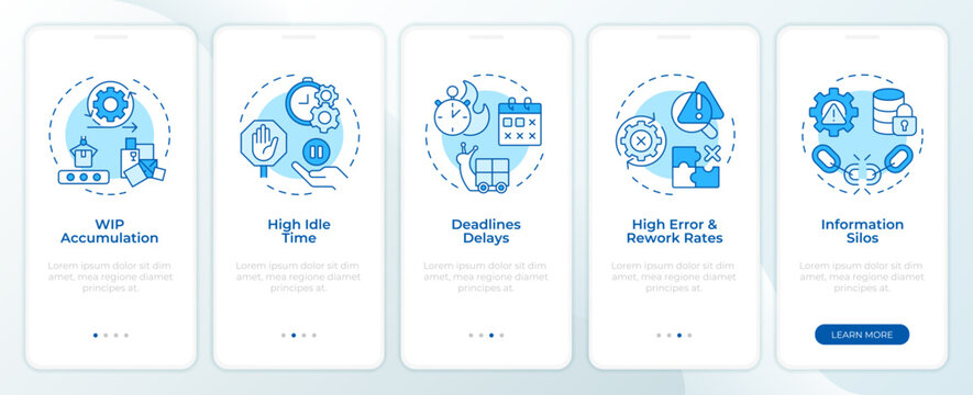 Detecting early bottleneck signs monochrome blue onboarding mobile app screen. Internal operational vulnerability risks. UI UX walkthrough 5 steps. Editable graphic instructions with linear concepts