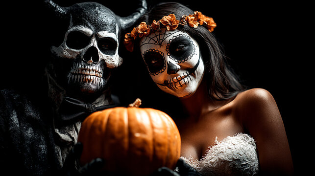 Couple with face paint makeup posing like skeletons while holding an orange pumpkin