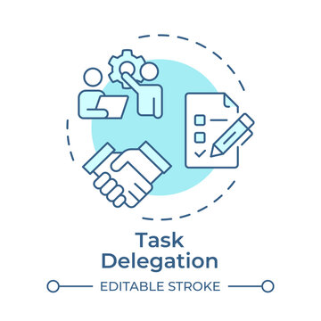 Task delegation monochrome blue concept icon. Empowering agile team workflows. Optimizing cross functional productivity. Isolated minimalist cyan illustration in circular design. Round composition