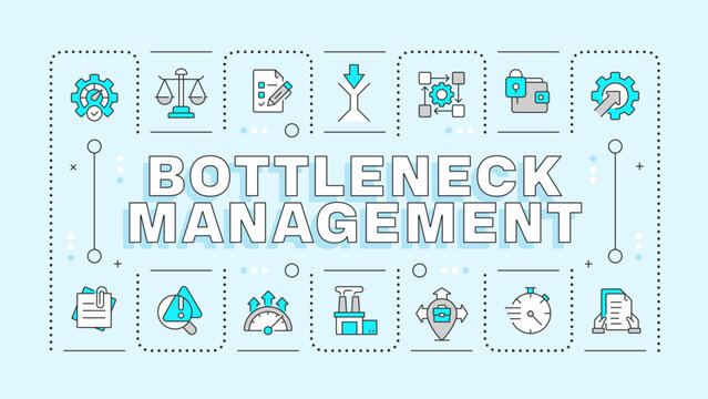 Bottleneck management concept banner. Optimizing operational workflow efficiency. Systemic constraints. Linear colored icons typography layout on light blue background. Vector illustration