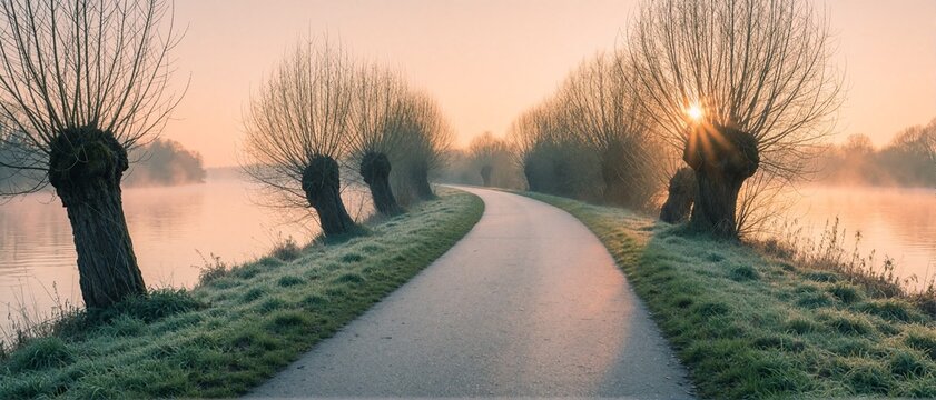 Sunrise over misty riverside path lined with pollard willows