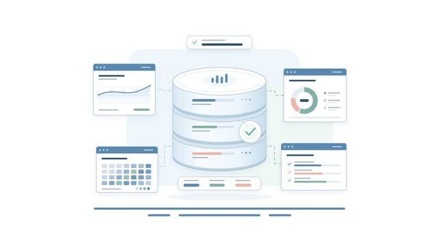 Floating database analytics dashboard displaying SQL query response times and storage allocation in a 4K loop.