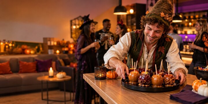 Man in autumn costume arranging caramel apples at a Halloween party. Friends celebrate in a decorated bar. Halloween celebration and seasonal entertaining. Autumn dessert and party food.