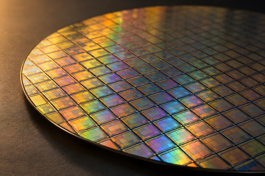 Macro close-up of silicon wafer with iridescent chip dies