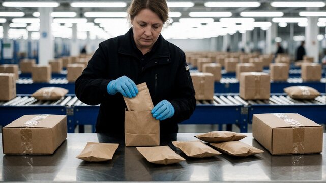 Worker packing paper bags in a fulfillment center
