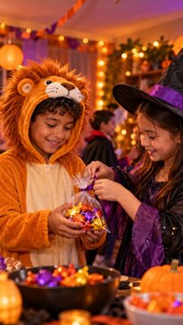 Children in lion and witch costumes share Halloween candy at a party. Trick or treating and candy exchange. Childhood celebration and seasonal fun. Costume party and holiday gathering.
