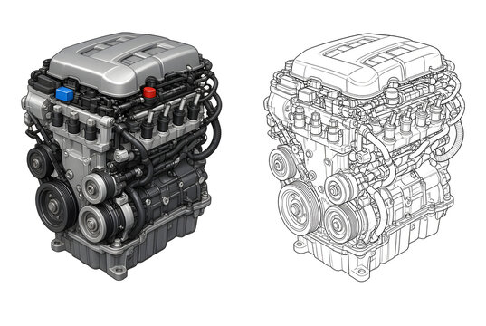 Car engine 3d model rendering and technical line art drawing side by side