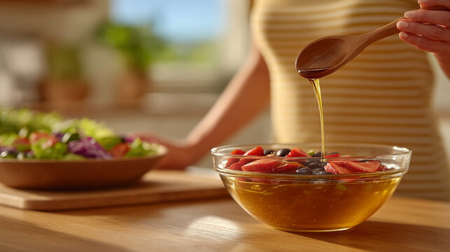 Golden honey drizzled from a wooden spoon into a glass bowl of fresh fruit